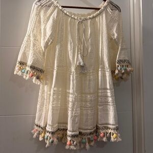 Cream Mini Dress with Ruffled Peplum and Tie Front